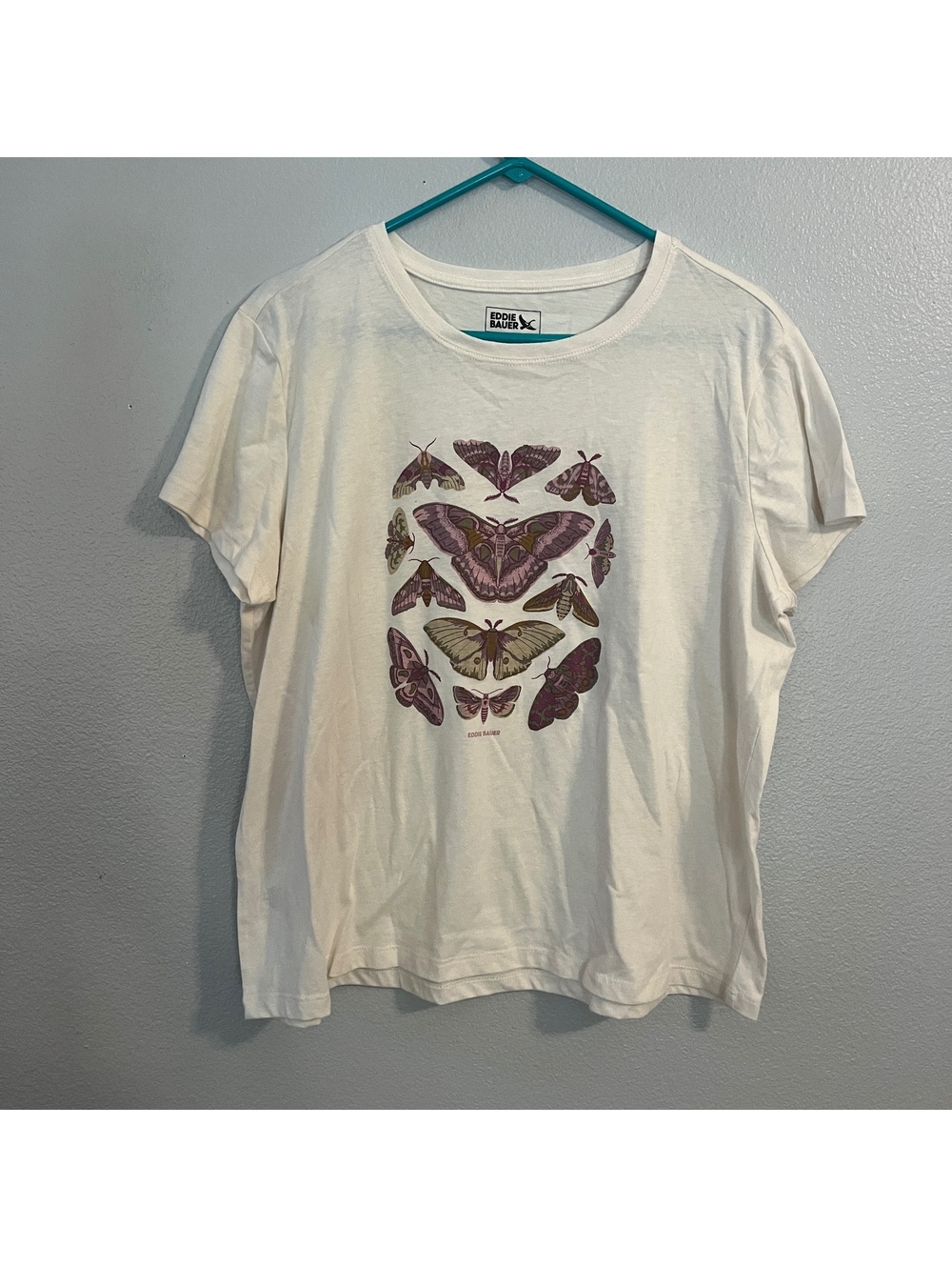 Eddie Bauer Womens XL Moth Butterfly Graphic T Shirt Ivory Entomology Nature